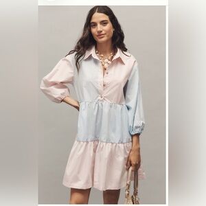 Two-Tone Pastel Pink & Blue  Bettina Stripe Mix Tiered Mini Shirt Dress by Maeve